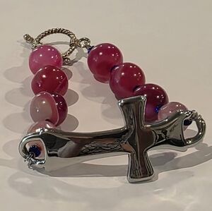Handmade Silver and Pink‎ Beaded Cross Religious Faith Bracelet